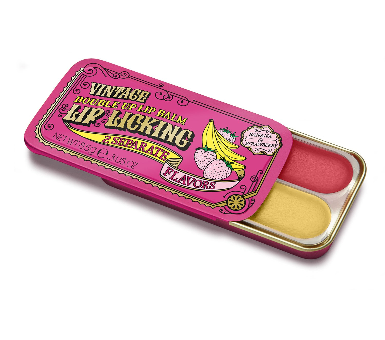 Strawberry & Banana Lip Licking Flavored Lip Balm - Vintage Slider Tin |  TinteWholesale